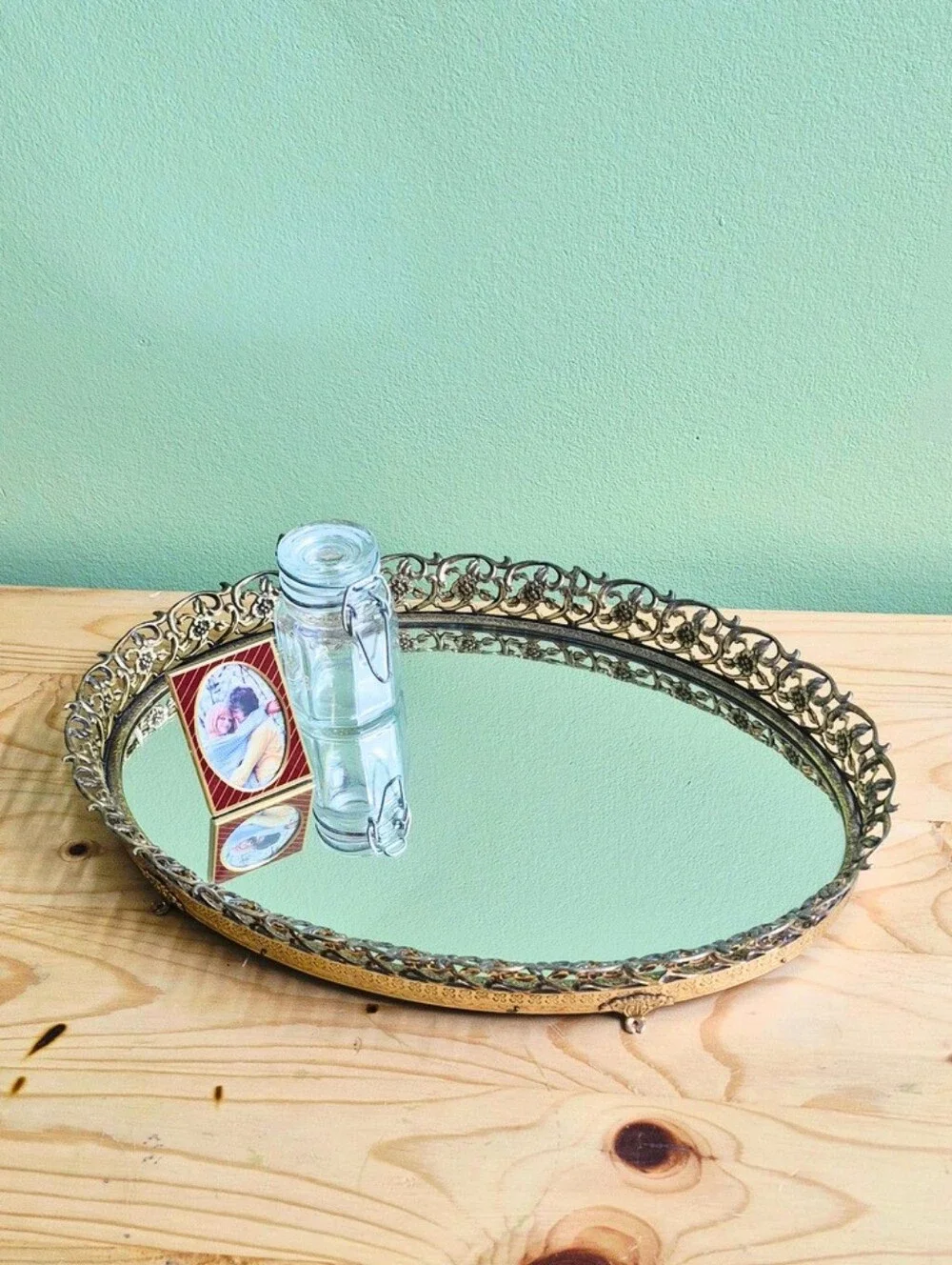 Vintage Oval Filigree Footed Vanity Mirror Tray